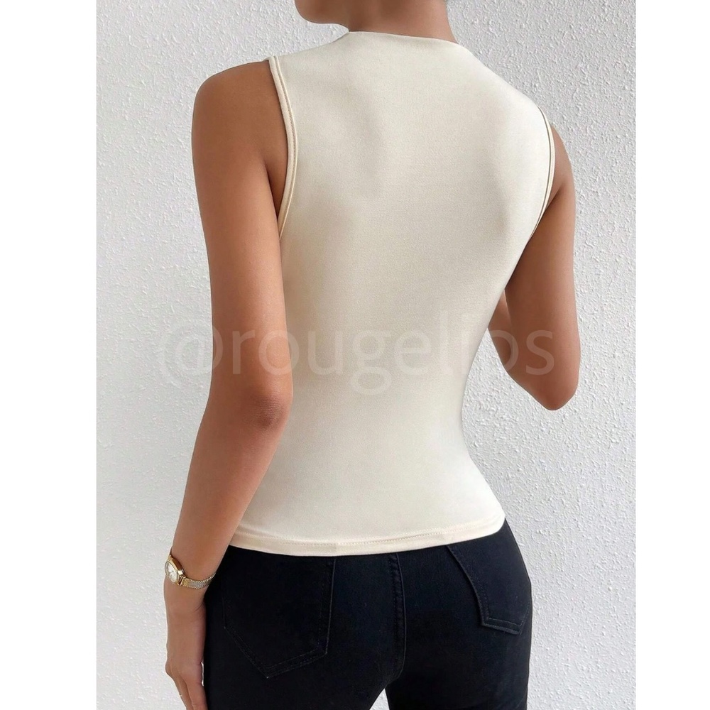 Ruched Beige Asymmetrical Sleeveless Shirt Top Stretchy - Picture 3 of 9